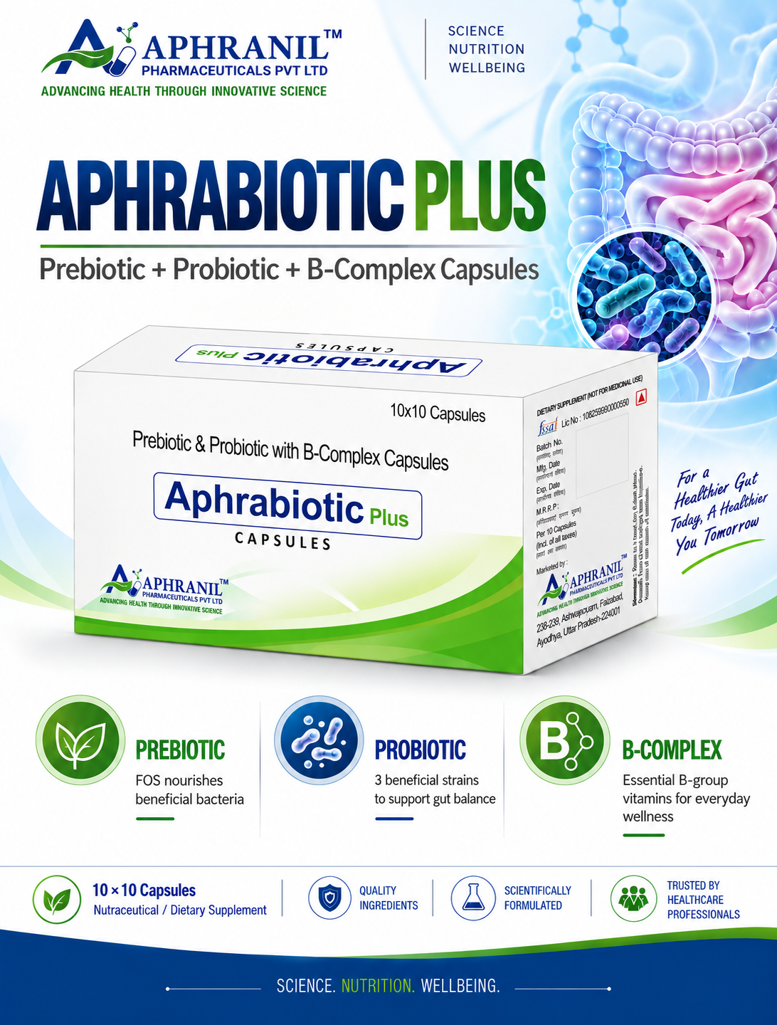 Aphrabiotic Plus prebiotic and probiotic with B-complex capsules by Aphranil Pharmaceuticals